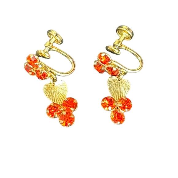 Vintage Star-ART 12K GF Screw-Back Earrings w/ Orange Rhinestones & Heart Drop - Picture 1 of 4